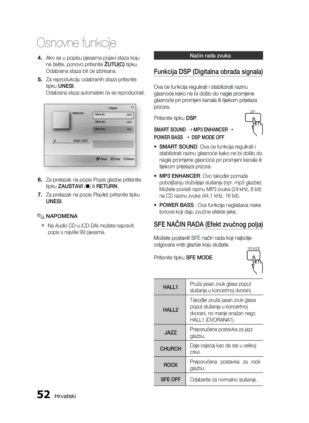 Samsung HT-C7550W/EDC manual Funkcija DSP Digitalna obrada signala, SFE Način Rada Efekt zvučnog polja 