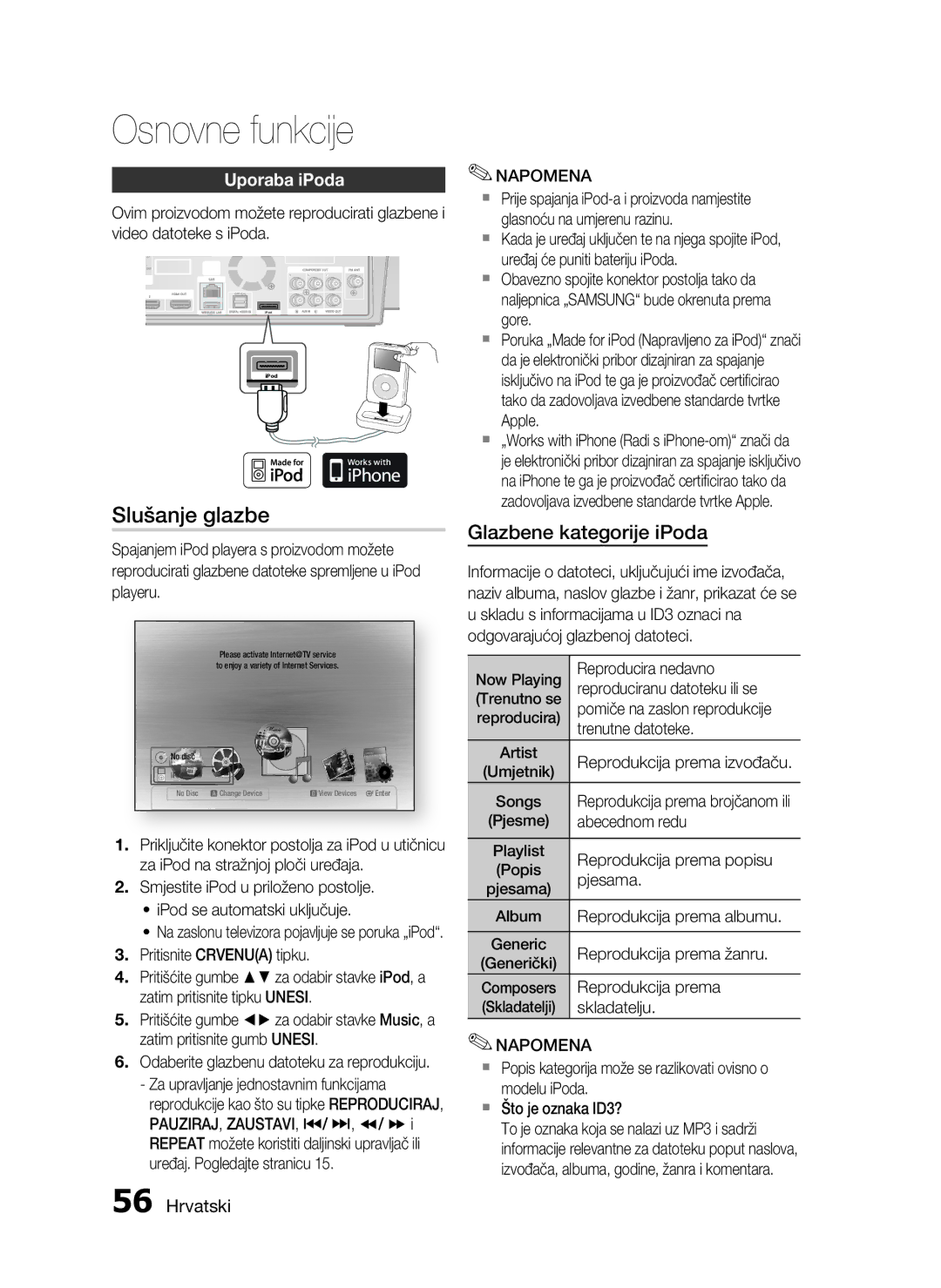 Samsung HT-C7550W/EDC manual Slušanje glazbe, Uporaba iPoda 