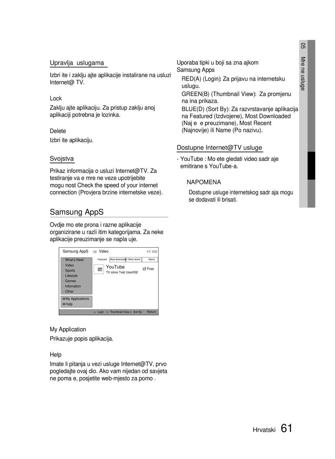 Samsung HT-C7550W/EDC manual Samsung AppS, Upravljač uslugama, Svojstva, Dostupne Internet@TV usluge 