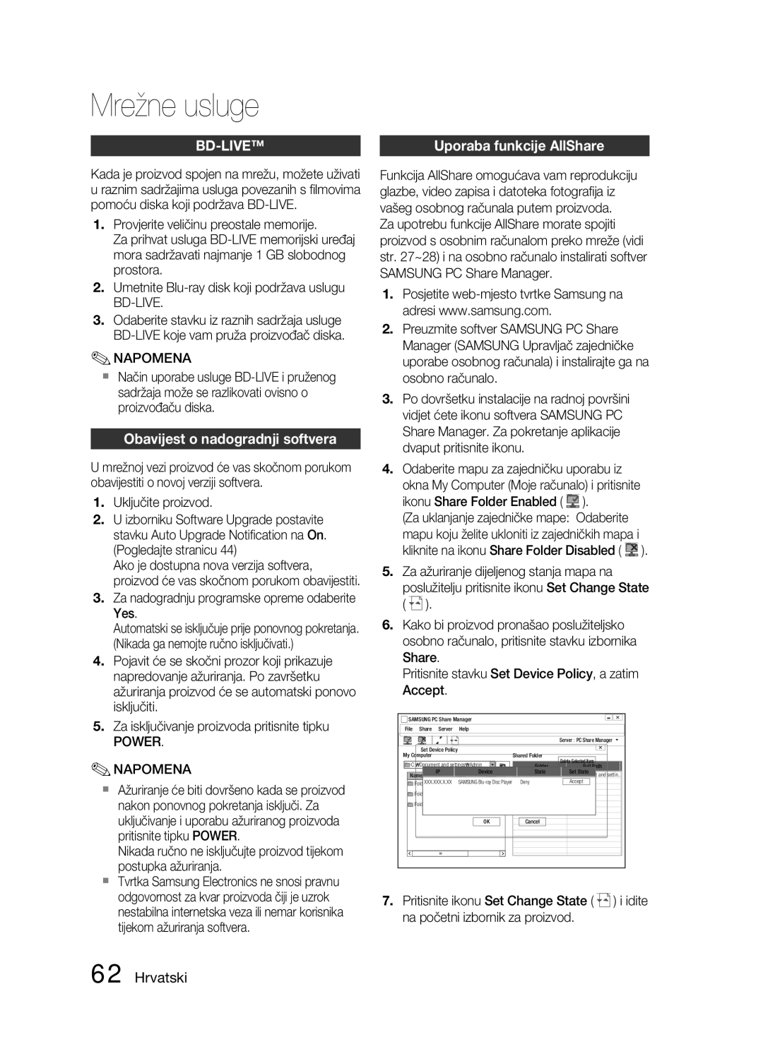 Samsung HT-C7550W/EDC manual Uporaba funkcije AllShare, Obavijest o nadogradnji softvera, Bd-Live, Power 
