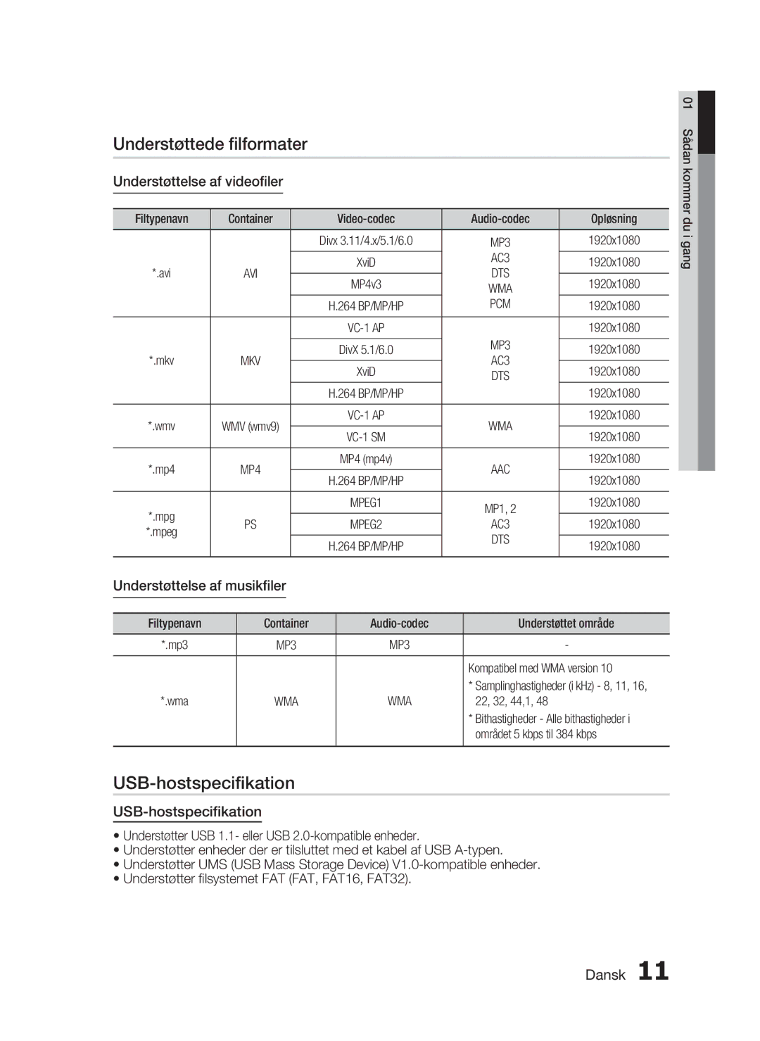 Samsung HT-C7550W/XEE Understøttede ﬁlformater, USB-hostspeciﬁkation, Understøttelse af videoﬁler, USB-hostspecifikation 