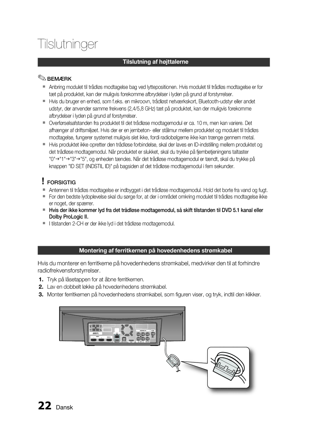 Samsung HT-C7550W/XEE manual Montering af ferritkernen på hovedenhedens strømkabel 