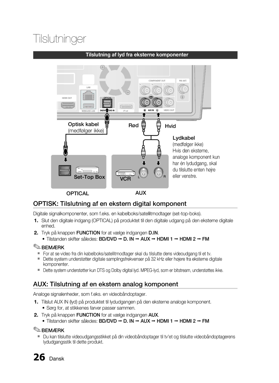 Samsung HT-C7550W/XEE Optisk Tilslutning af en ekstern digital komponent, AUX Tilslutning af en ekstern analog komponent 