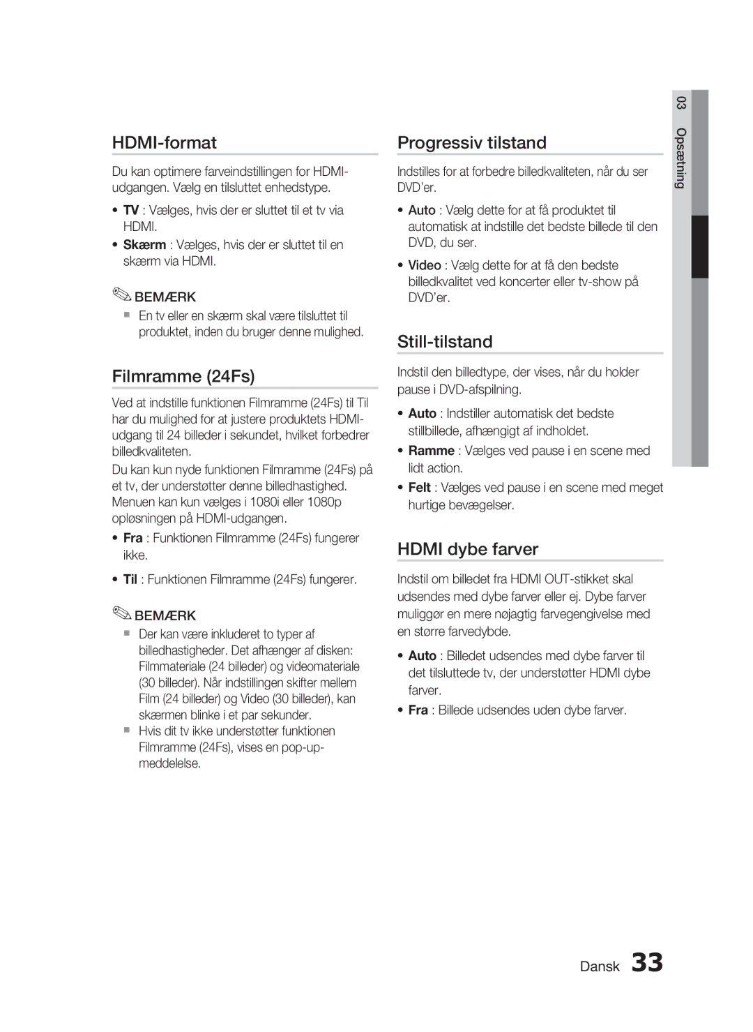 Samsung HT-C7550W/XEE manual HDMI-format, Filmramme 24Fs, Progressiv tilstand, Still-tilstand, Hdmi dybe farver 