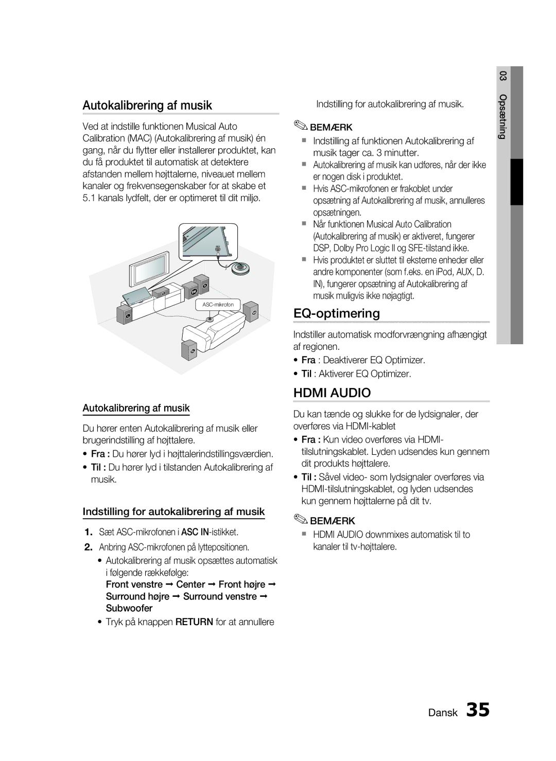 Samsung HT-C7550W/XEE manual Autokalibrering af musik, EQ-optimering, Indstilling for autokalibrering af musik 