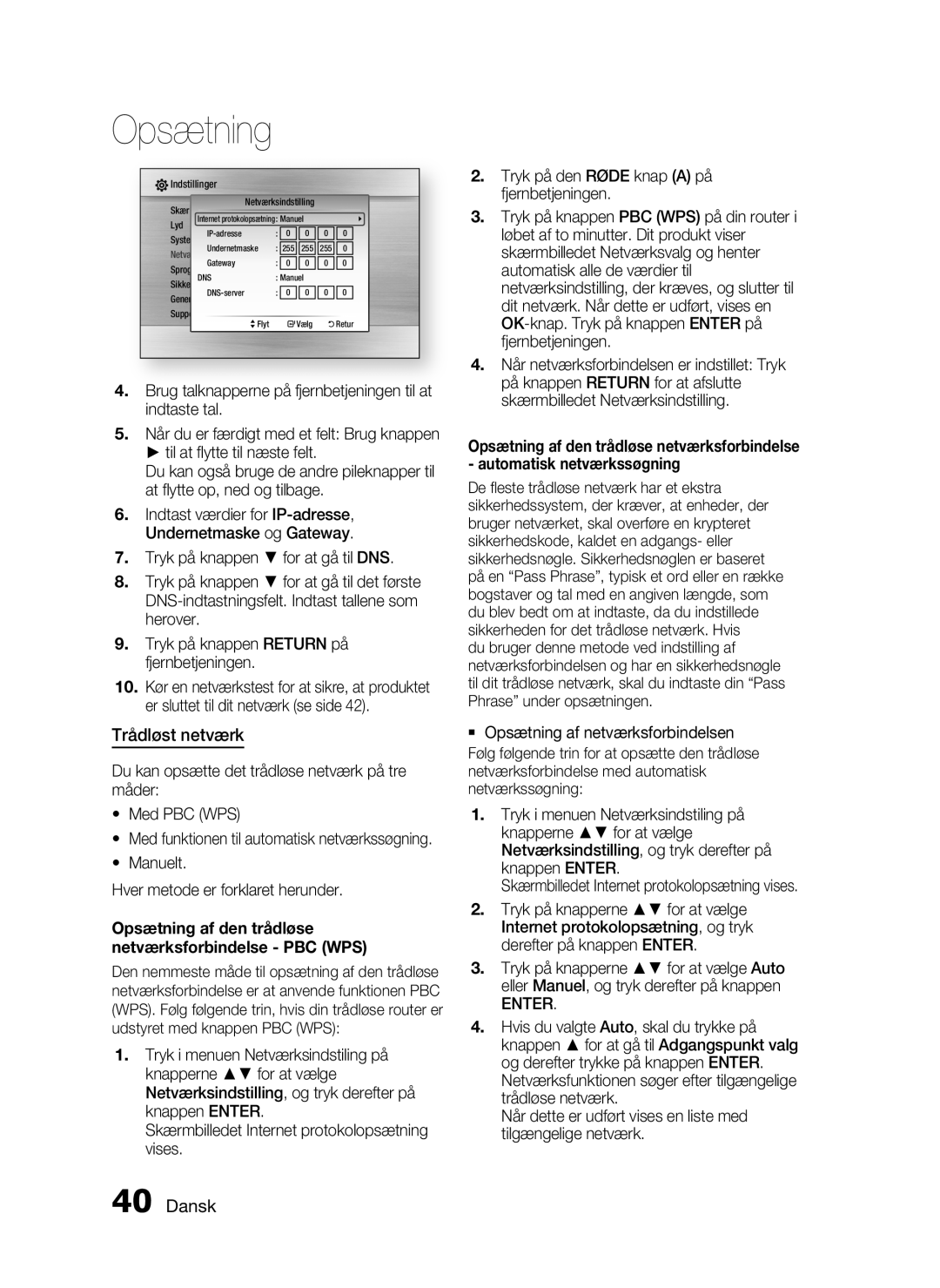 Samsung HT-C7550W/XEE manual Trådløst netværk, Opsætning af den trådløse netværksforbindelse PBC WPS 