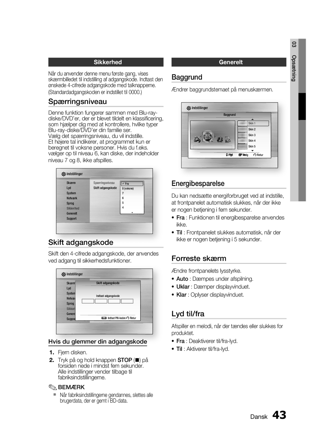 Samsung HT-C7550W/XEE manual Spærringsniveau, Skift adgangskode, Baggrund, Energibesparelse, Forreste skærm, Lyd til/fra 