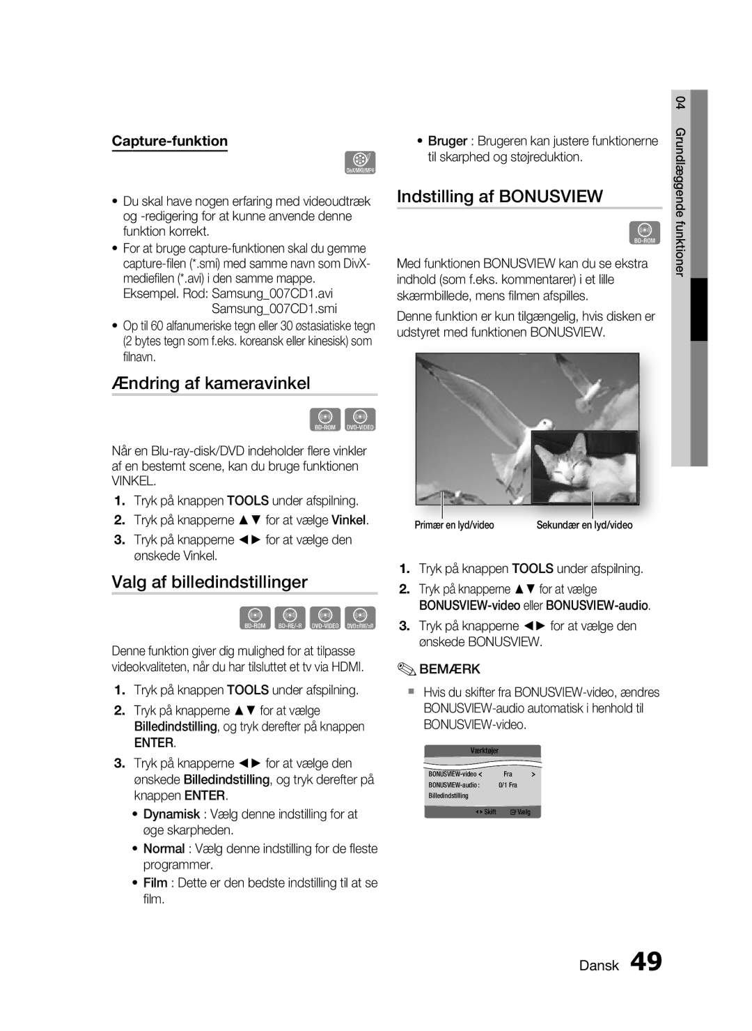 Samsung HT-C7550W/XEE manual Ændring af kameravinkel, Valg af billedindstillinger, Indstilling af Bonusview, Vinkel 