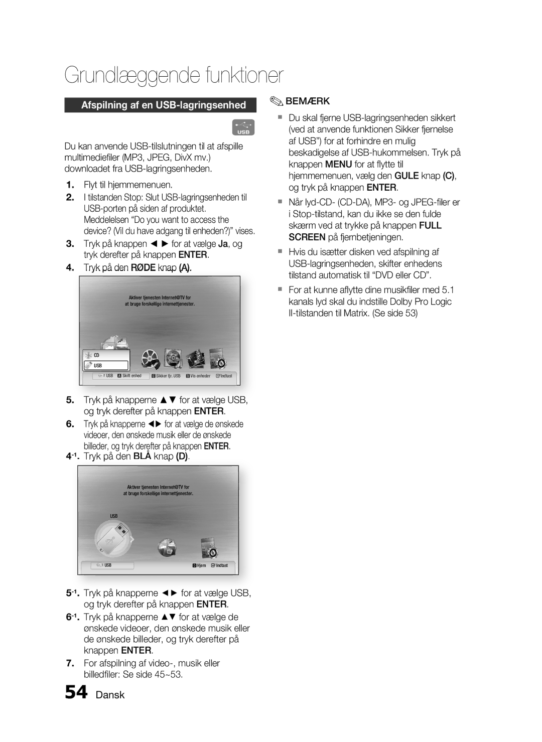 Samsung HT-C7550W/XEE manual Afspilning af en USB-lagringsenhed Bemærk 