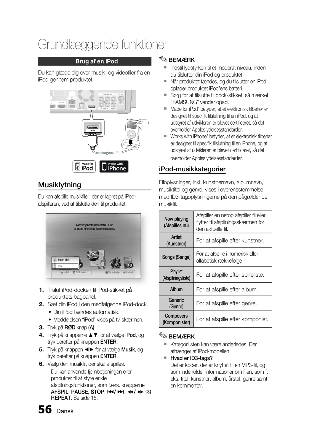 Samsung HT-C7550W/XEE manual Musiklytning, Brug af en iPod 