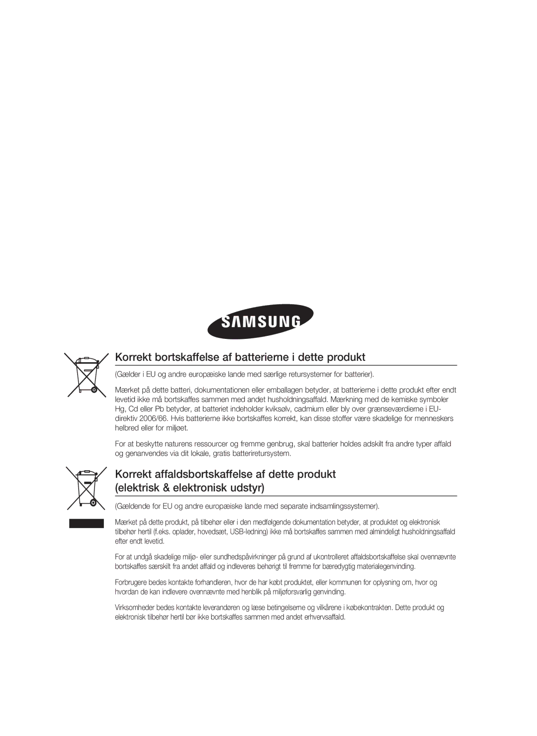 Samsung HT-C7550W/XEE manual Korrekt bortskaffelse af batterierne i dette produkt 