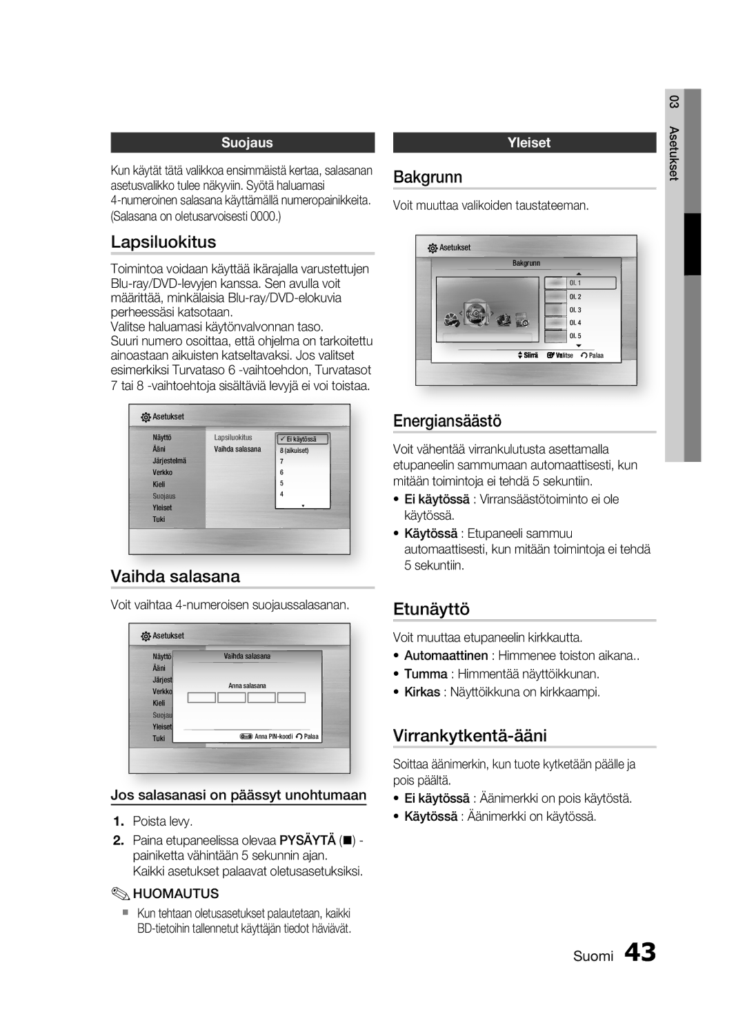 Samsung HT-C7550W/XEE manual Lapsiluokitus, Bakgrunn, Vaihda salasana, Energiansäästö, Etunäyttö, Virrankytkentä-ääni 