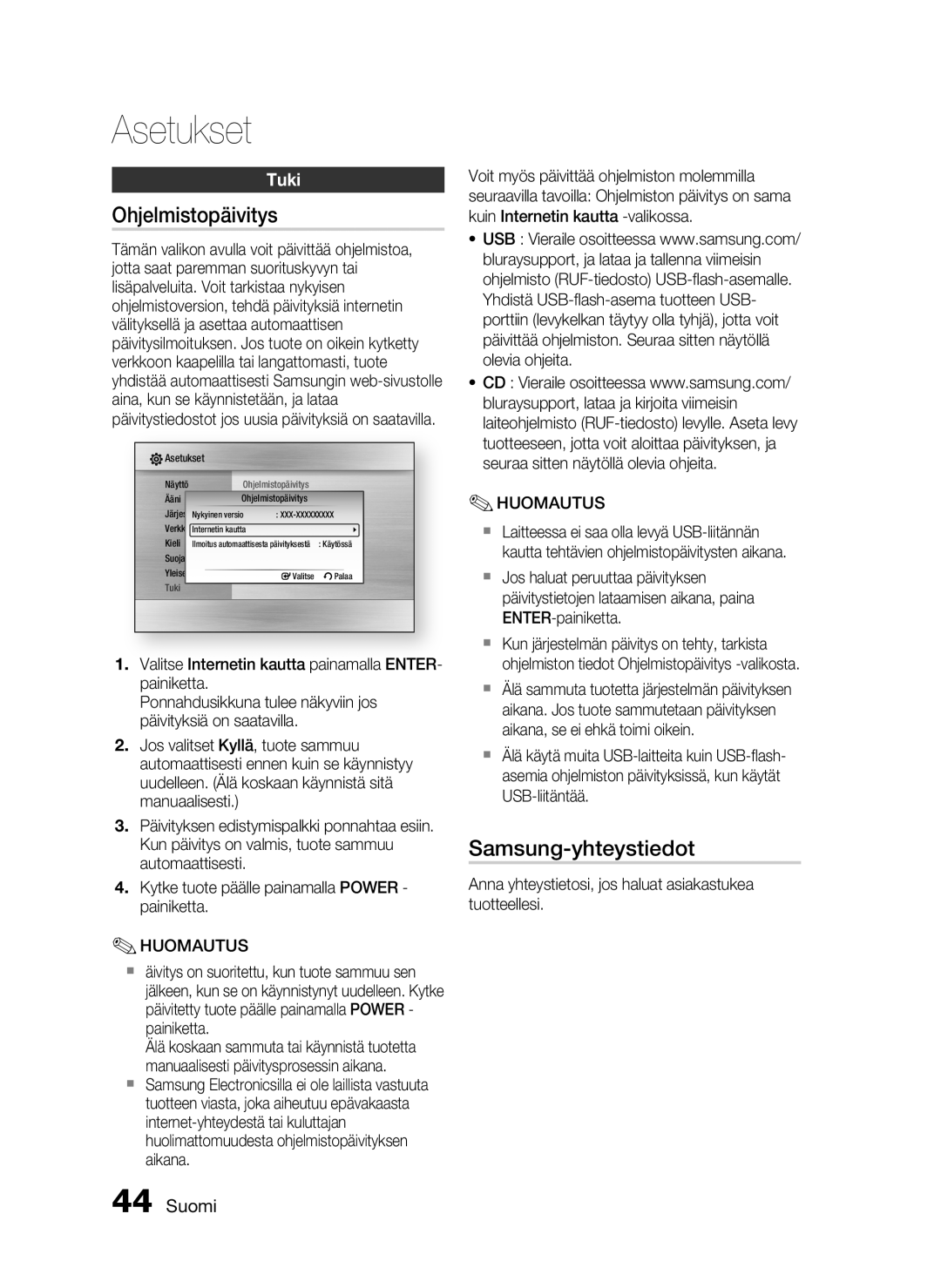 Samsung HT-C7550W/XEE manual Ohjelmistopäivitys, Samsung-yhteystiedot, Tuki 