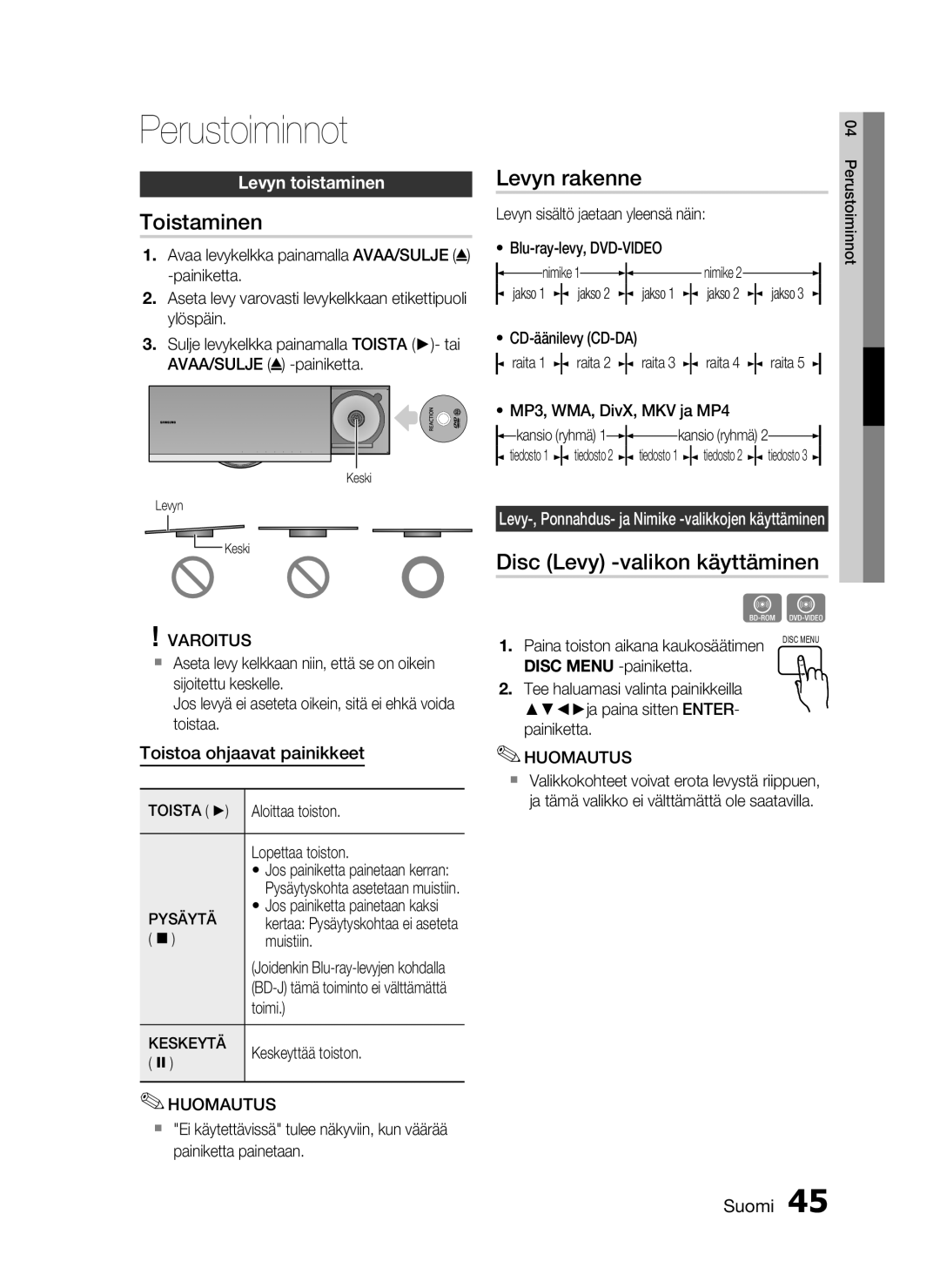 Samsung HT-C7550W/XEE manual Perustoiminnot, Toistaminen, Levyn rakenne, Disc Levy -valikon käyttäminen, Levyn toistaminen 