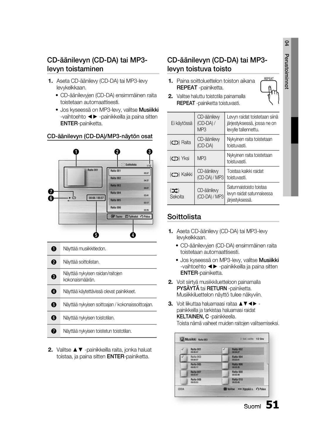 Samsung HT-C7550W/XEE manual CD-äänilevyn CD-DA tai MP3- levyn toistaminen, Levyn toistuva toisto, Soittolista 