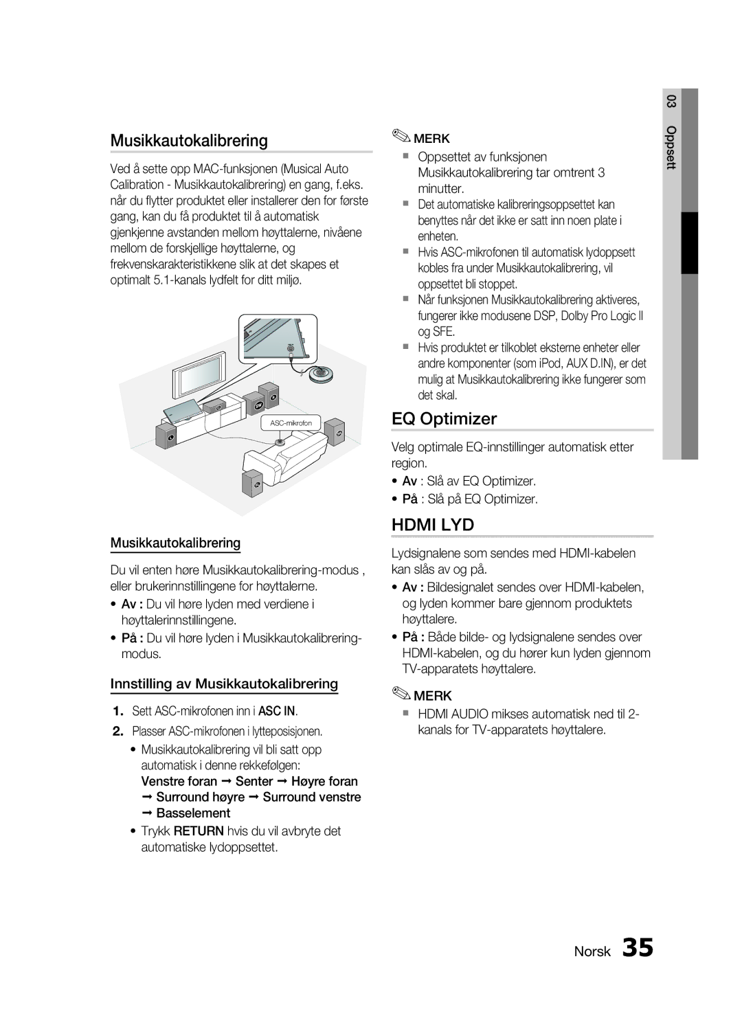 Samsung HT-C7550W/XEE manual EQ Optimizer, Innstilling av Musikkautokalibrering 