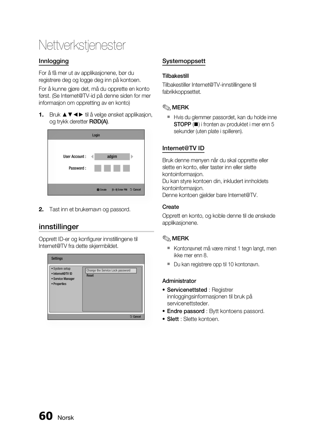 Samsung HT-C7550W/XEE manual Innstillinger, Innlogging, Systemoppsett, Internet@TV ID 