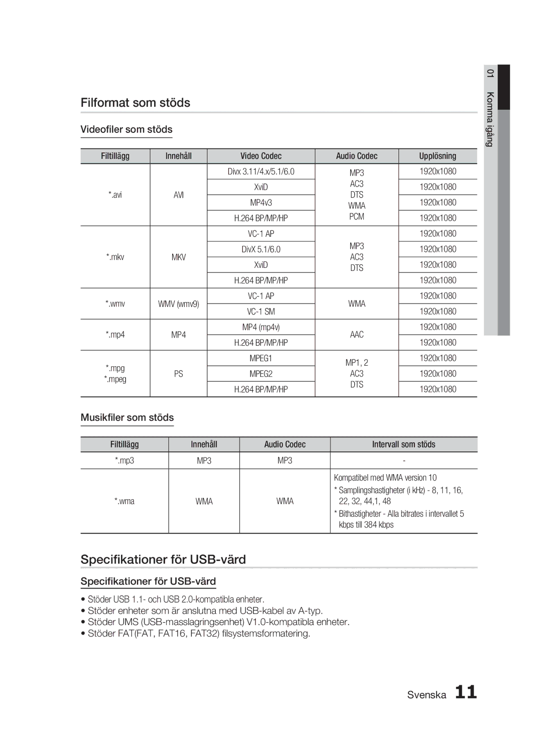 Samsung HT-C7550W/XEE manual Filformat som stöds, Speciﬁkationer för USB-värd, Videoﬁler som stöds, Musikﬁler som stöds 