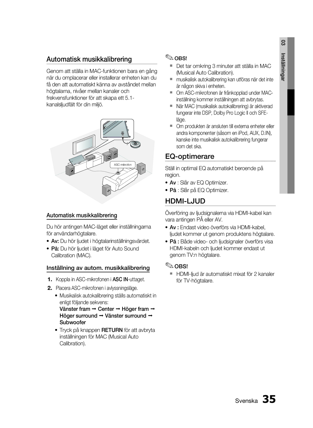 Samsung HT-C7550W/XEE manual Automatisk musikkalibrering, EQ-optimerare, Inställning av autom. musikkalibrering 