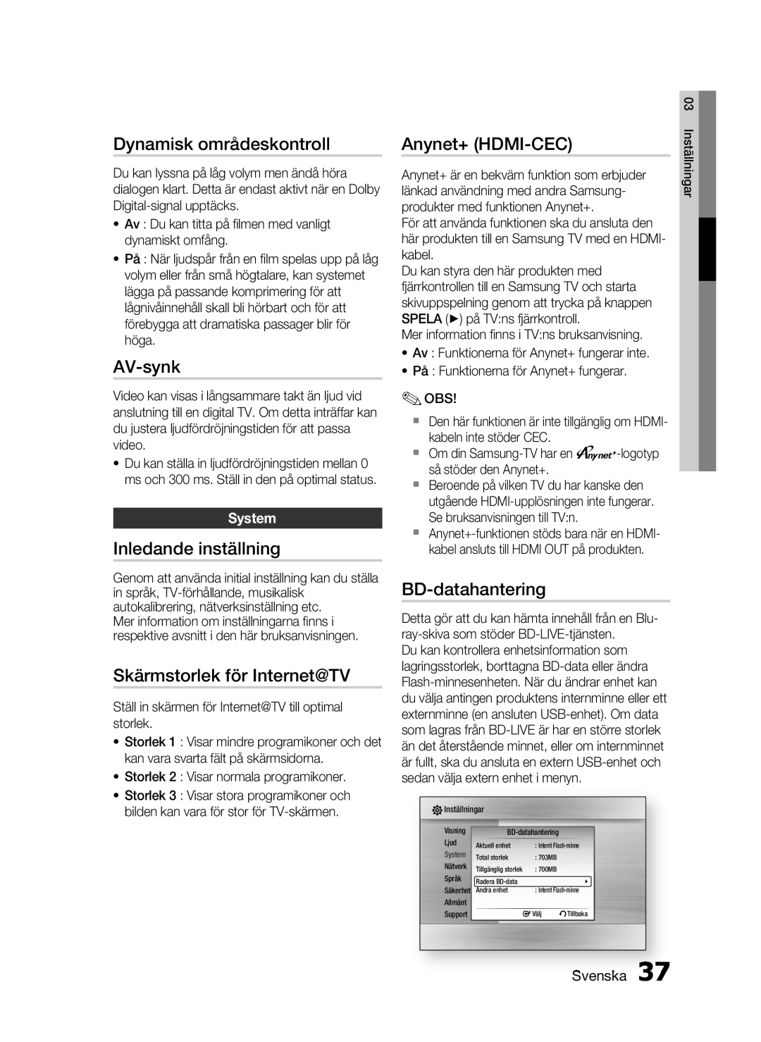 Samsung HT-C7550W/XEE manual Dynamisk områdeskontroll, AV-synk, Inledande inställning, Skärmstorlek för Internet@TV 