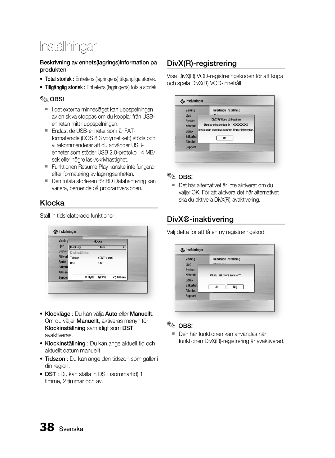 Samsung HT-C7550W/XEE manual Klocka, DivXR-registrering, DivX-inaktivering 