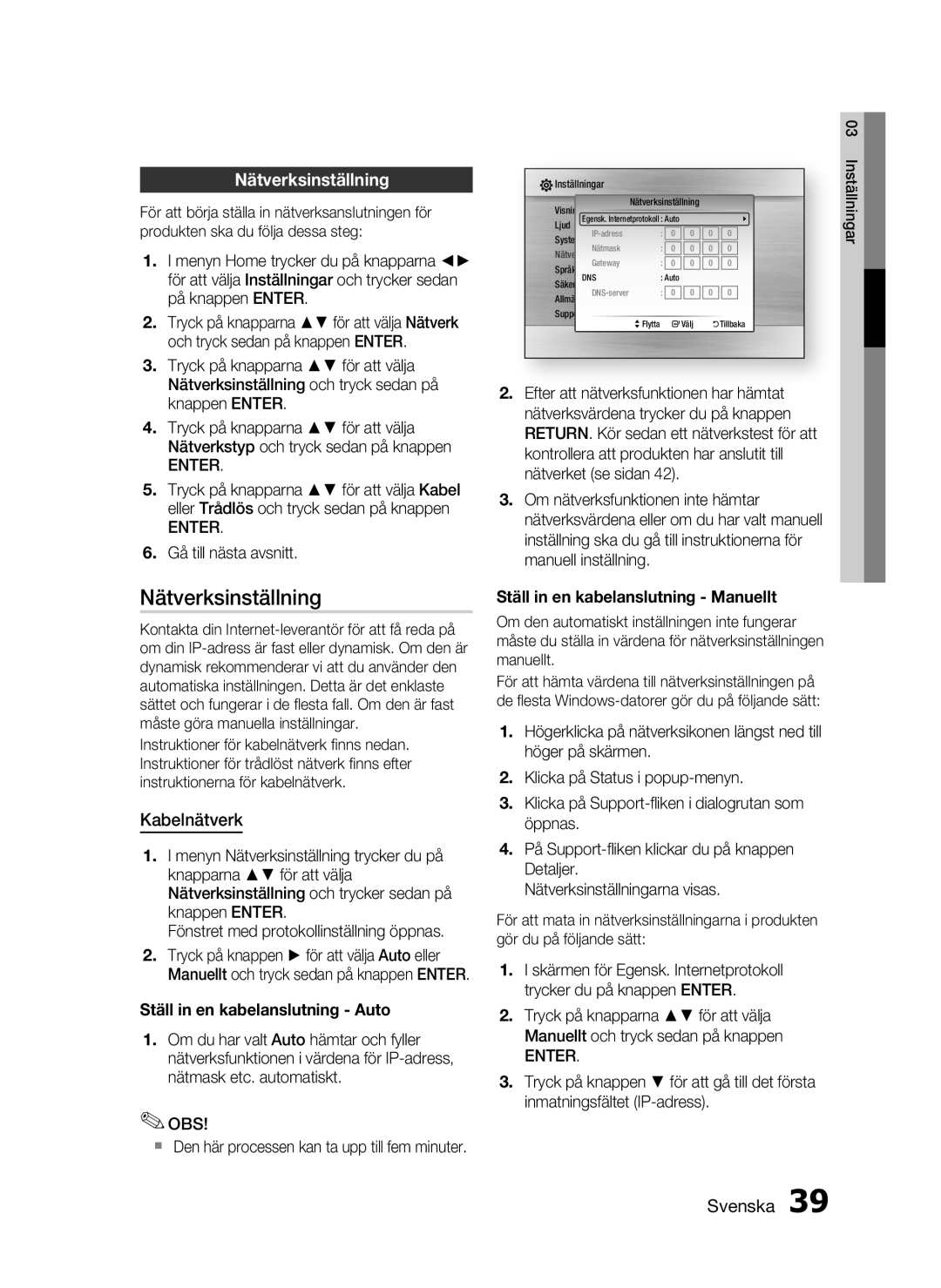 Samsung HT-C7550W/XEE manual Nätverksinställning, Kabelnätverk 