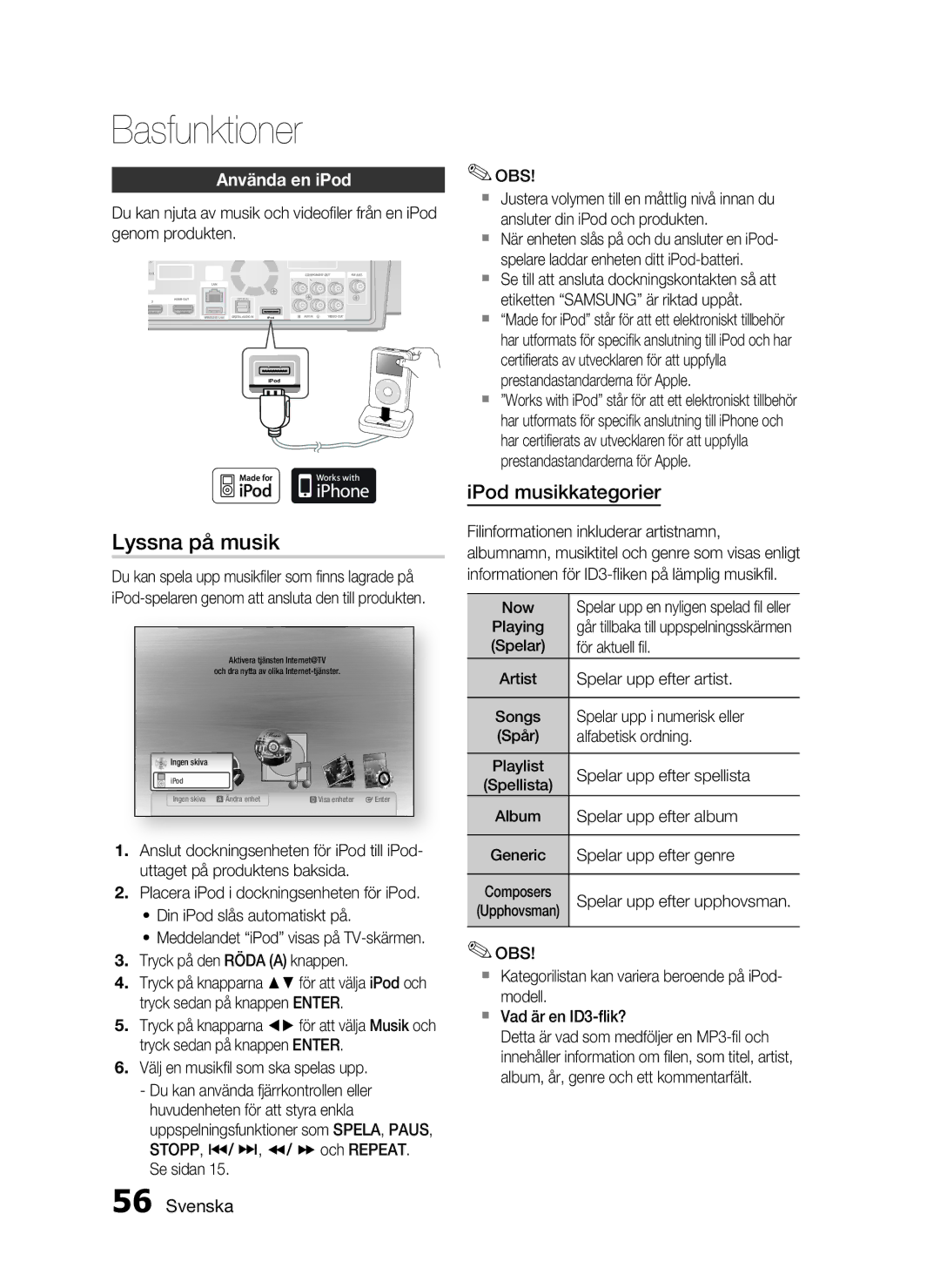 Samsung HT-C7550W/XEE manual Lyssna på musik, Använda en iPod 