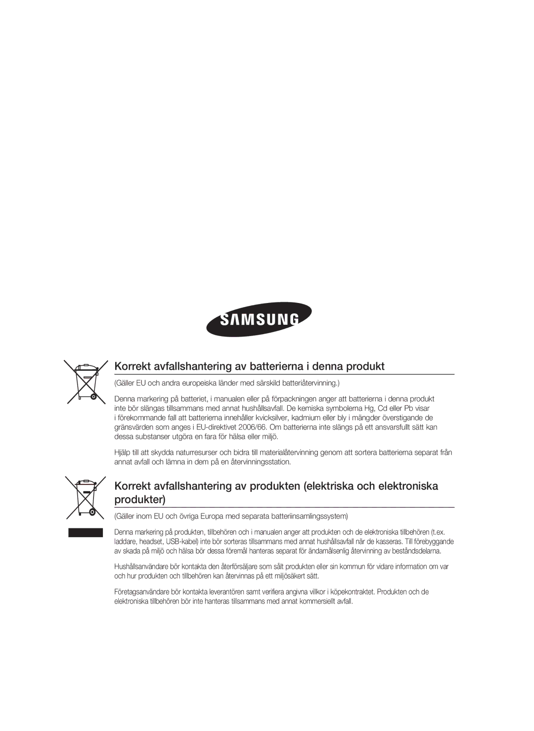 Samsung HT-C7550W/XEE manual Korrekt avfallshantering av batterierna i denna produkt 