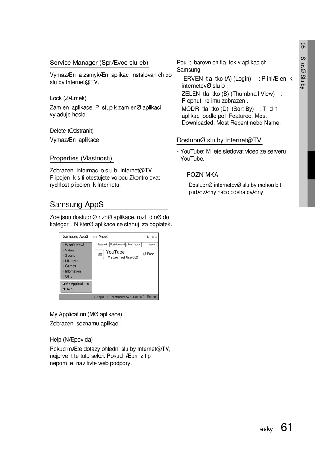 Samsung HT-C7550W manual Samsung AppS, Service Manager Správce služeb, Properties Vlastnosti, Dostupné služby Internet@TV 