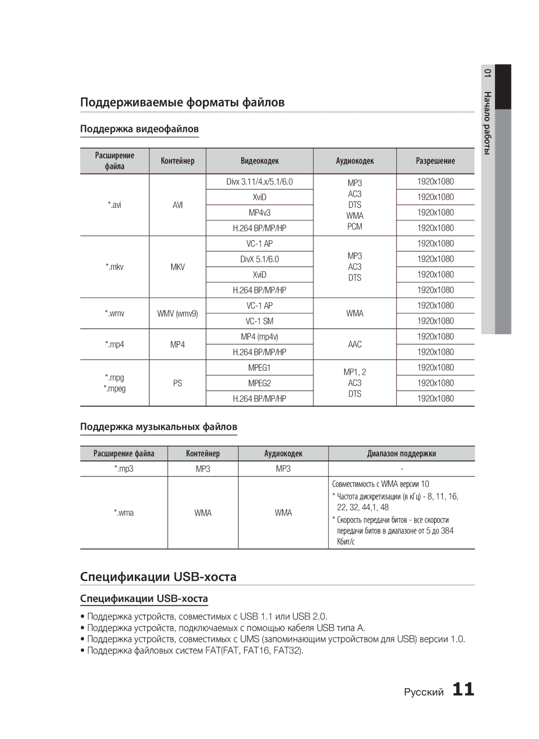 Samsung HT-C7550W/XER manual Поддерживаемые форматы файлов, Спецификации USB-хоста, Поддержка видеофайлов 