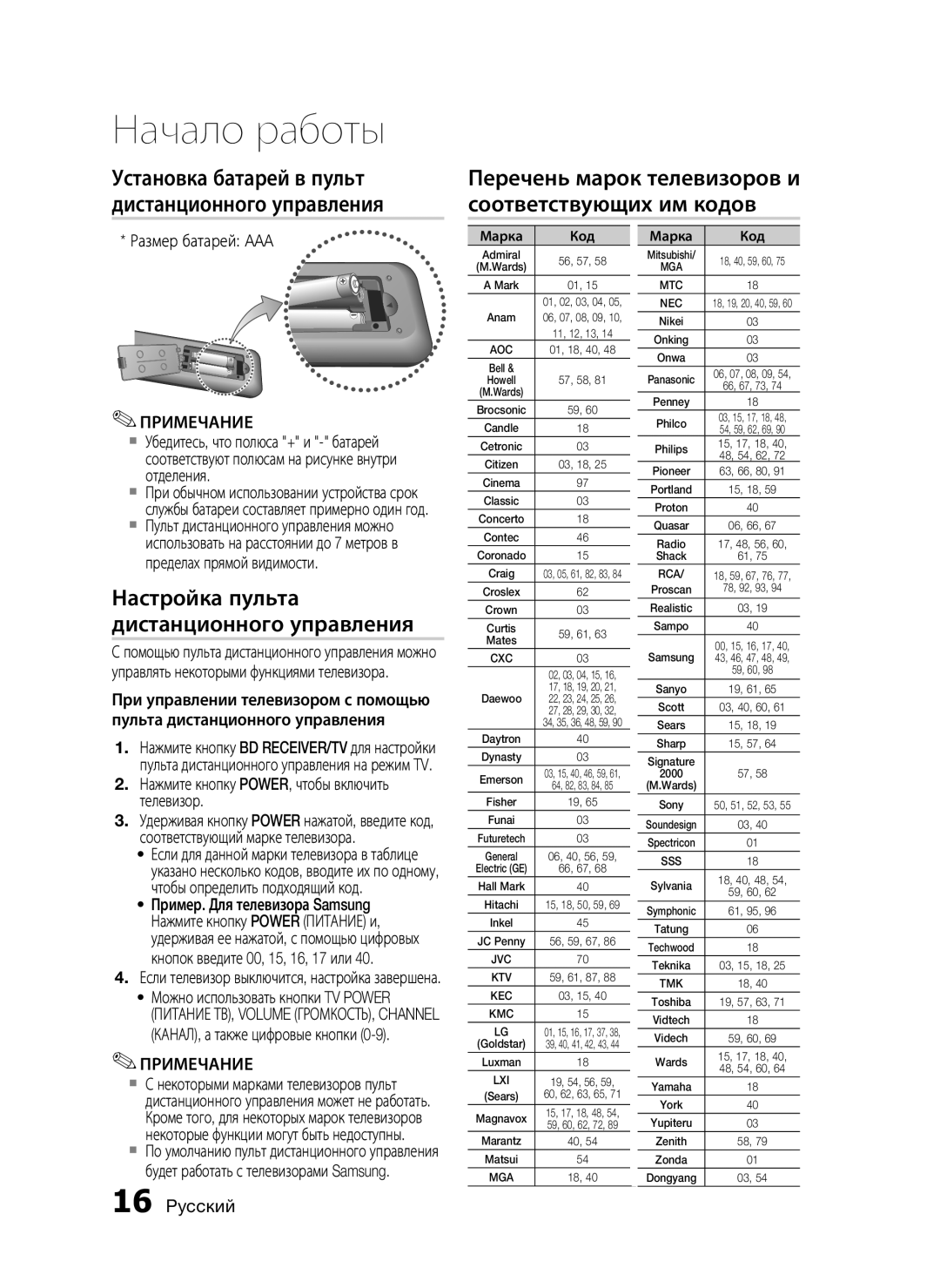 Samsung HT-C7550W/XER Перечень марок телевизоров и соответствующих им кодов, Настройка пульта дистанционного управления 