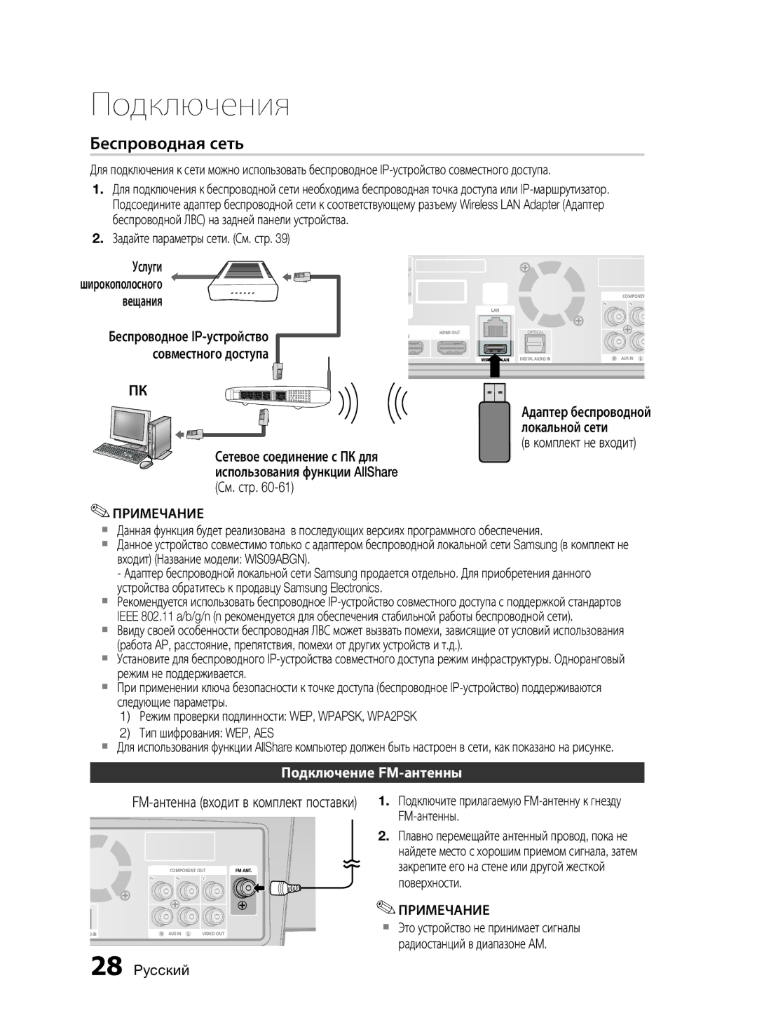 Samsung HT-C7550W/XER manual Услуги Широкополосного Вещания, Адаптер беспроводной, Подключение FM-антенны 