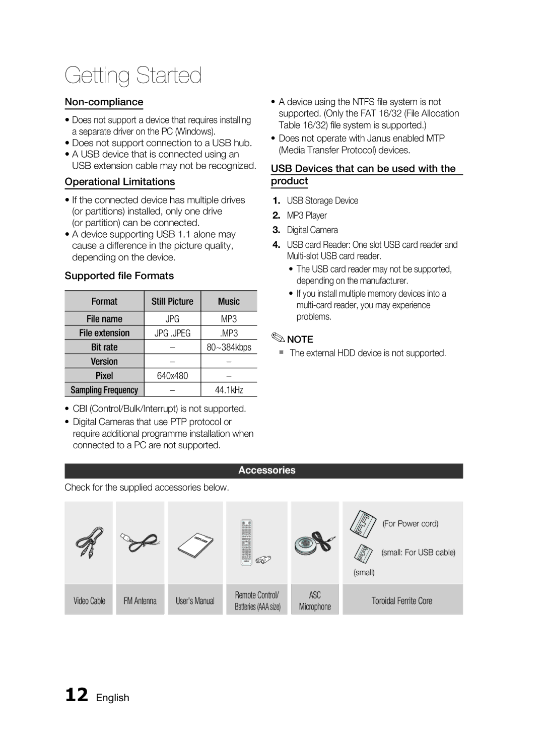 Samsung HT-C7550W/XER manual Non-compliance, Operational Limitations, Supported ﬁle Formats, Accessories 