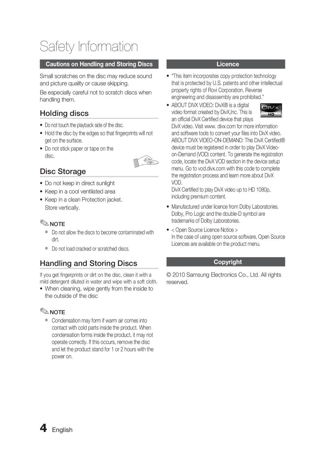 Samsung HT-C7550W/XER manual Holding discs, Disc Storage, Handling and Storing Discs, Licence, Copyright 