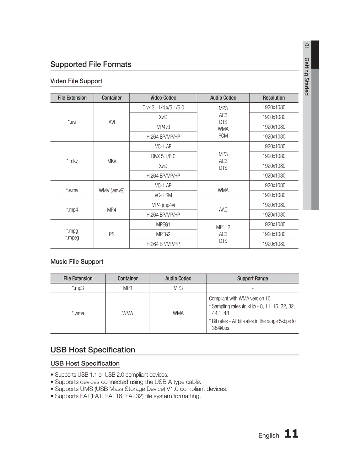 Samsung HT-C7550W/XEE, HT-C7559W/XEG Supported File Formats, USB Host Speciﬁcation, Video File Support, Music File Support 