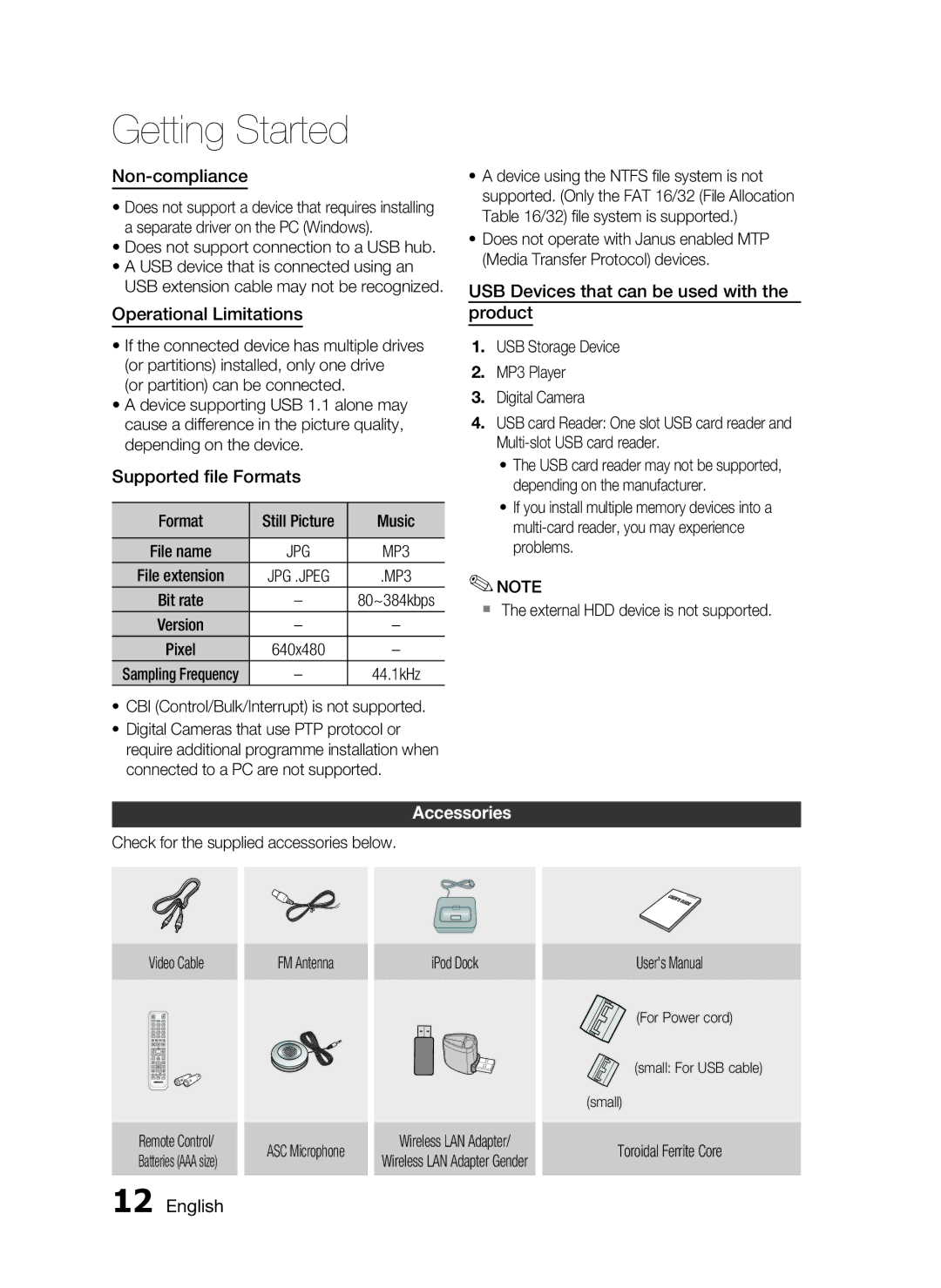 Samsung HT-C7559W/XEG, HT-C7550W/EDC manual Non-compliance, Operational Limitations, Supported ﬁle Formats, Accessories 