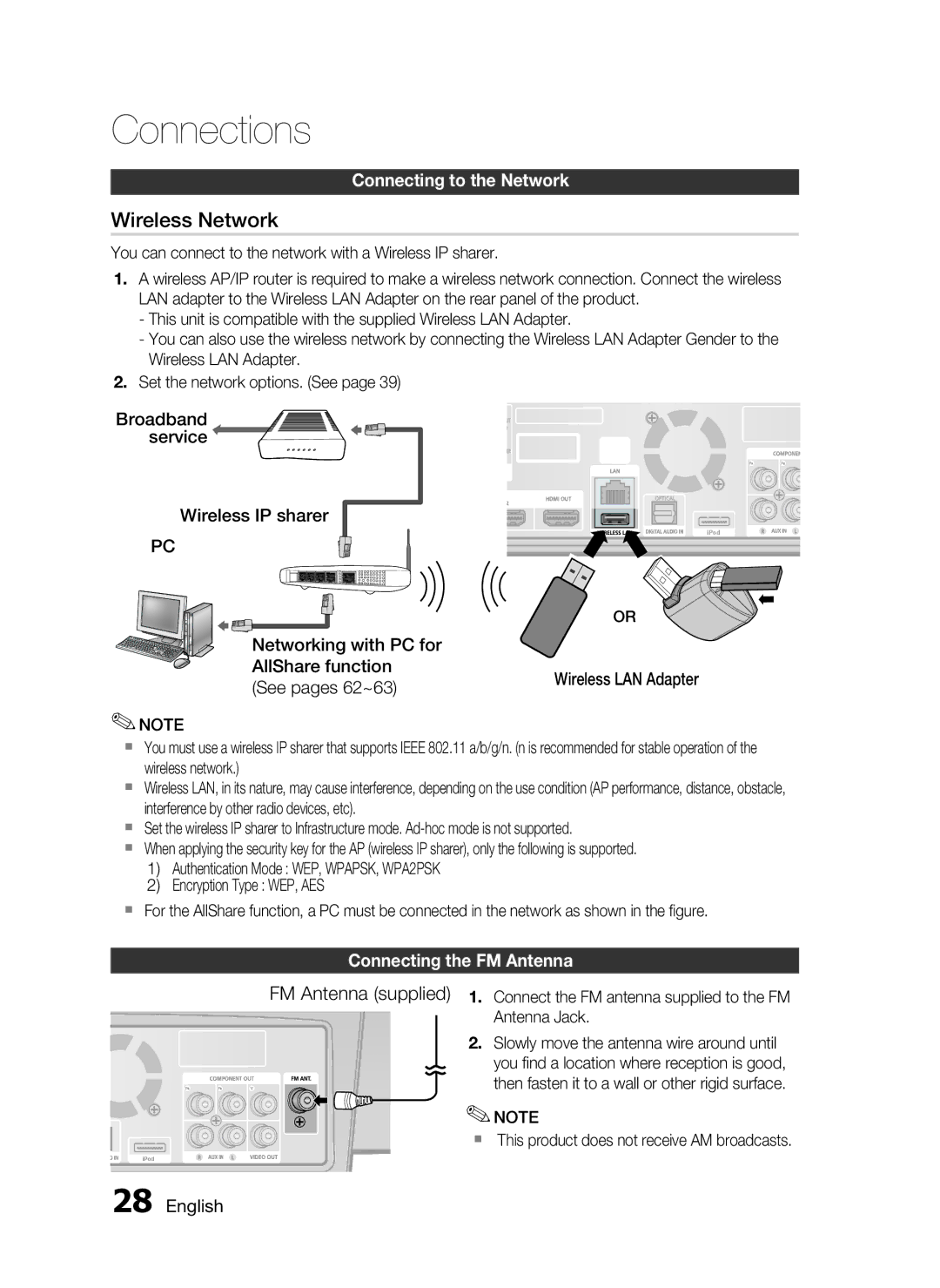 Samsung HT-C7550W manual Broadband service Wireless IP sharer, Networking with PC for AllShare function, See pages 62~63 