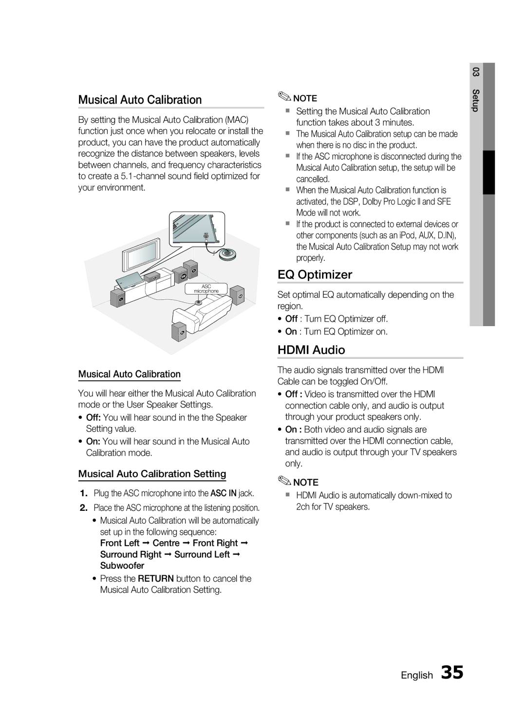 Samsung HT-C7550W/XEE, HT-C7559W/XEG, HT-C7550W/EDC manual EQ Optimizer, Hdmi Audio, Musical Auto Calibration Setting 