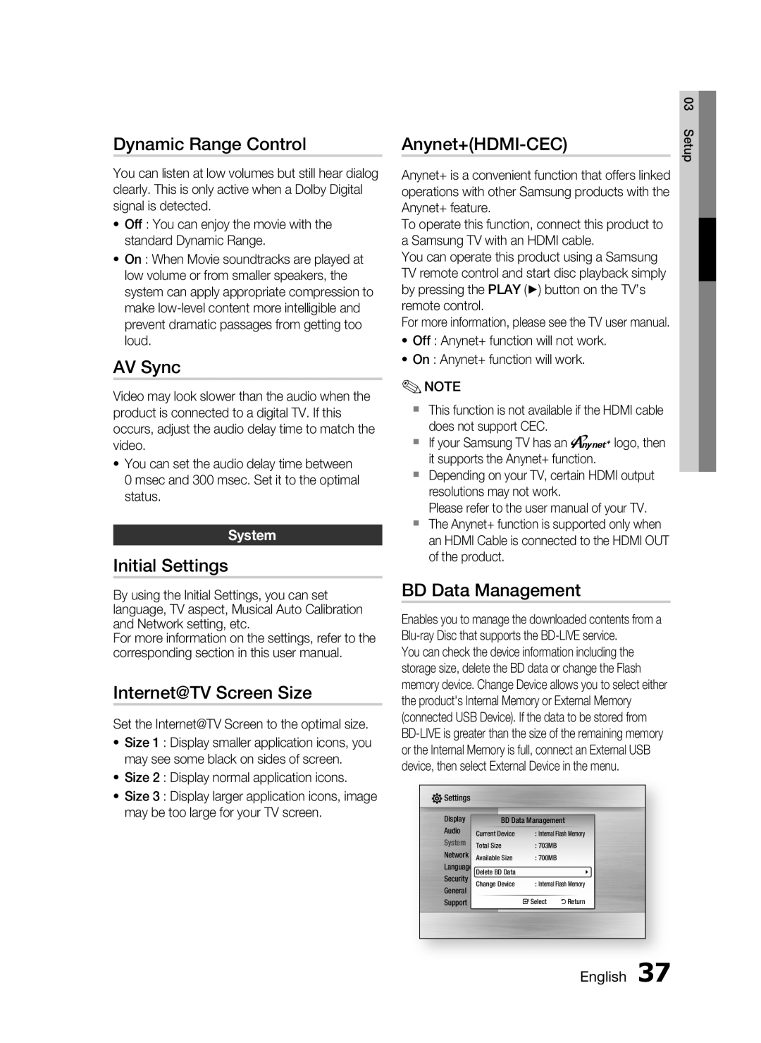 Samsung HT-C7550W/EDC manual Dynamic Range Control, AV Sync, Initial Settings, Internet@TV Screen Size, Anynet+HDMI-CEC 