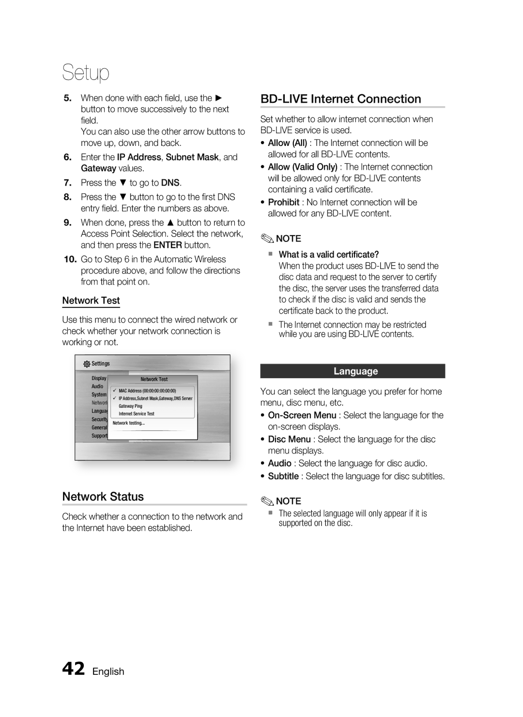 Samsung HT-C7559W/XEG, HT-C7550W/EDC, HT-C7550W/XEN BD-LIVE Internet Connection, Network Status, Network Test, Language 