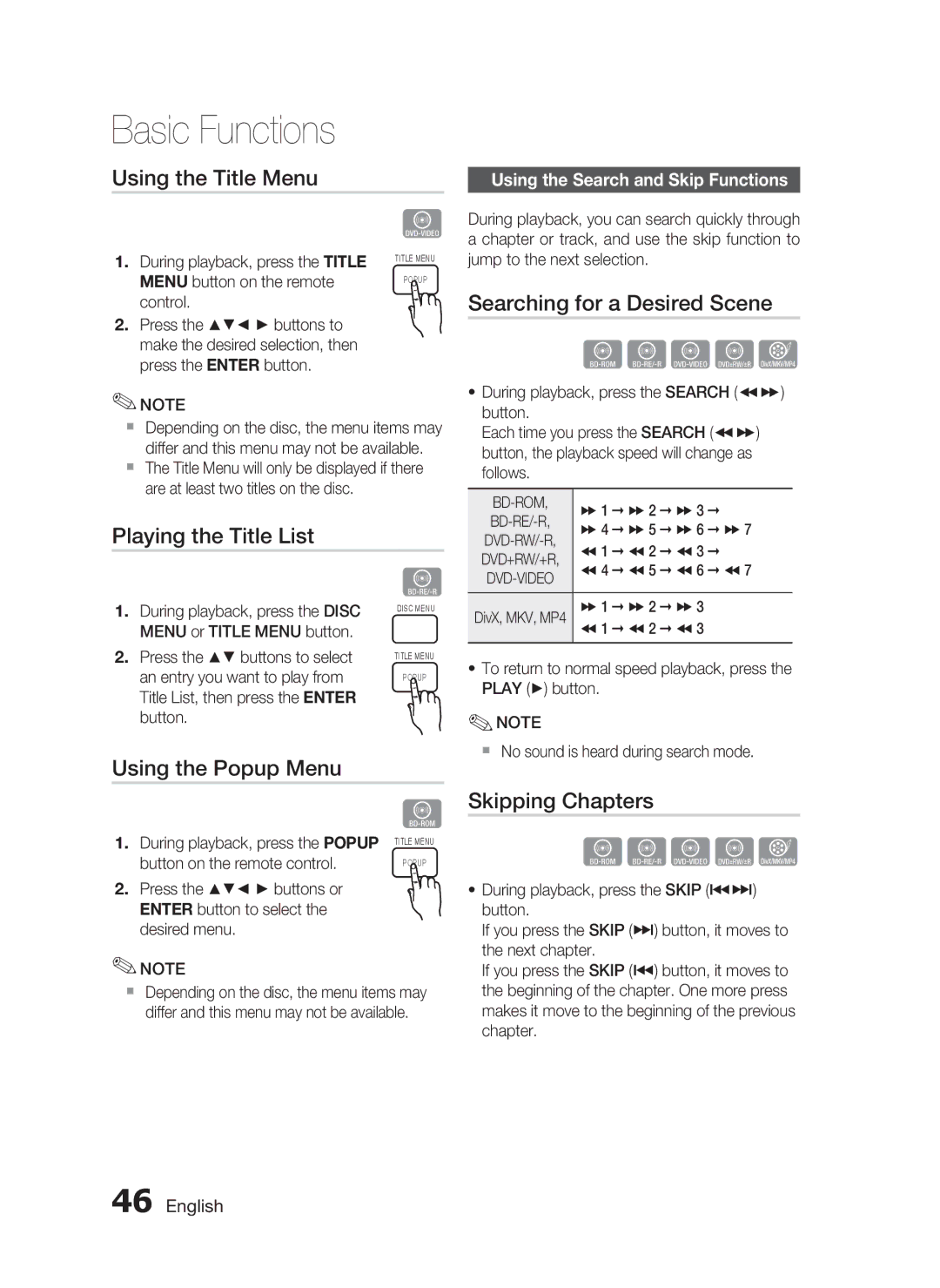 Samsung HT-C7550W manual Using the Title Menu, Searching for a Desired Scene, Playing the Title List, Using the Popup Menu 