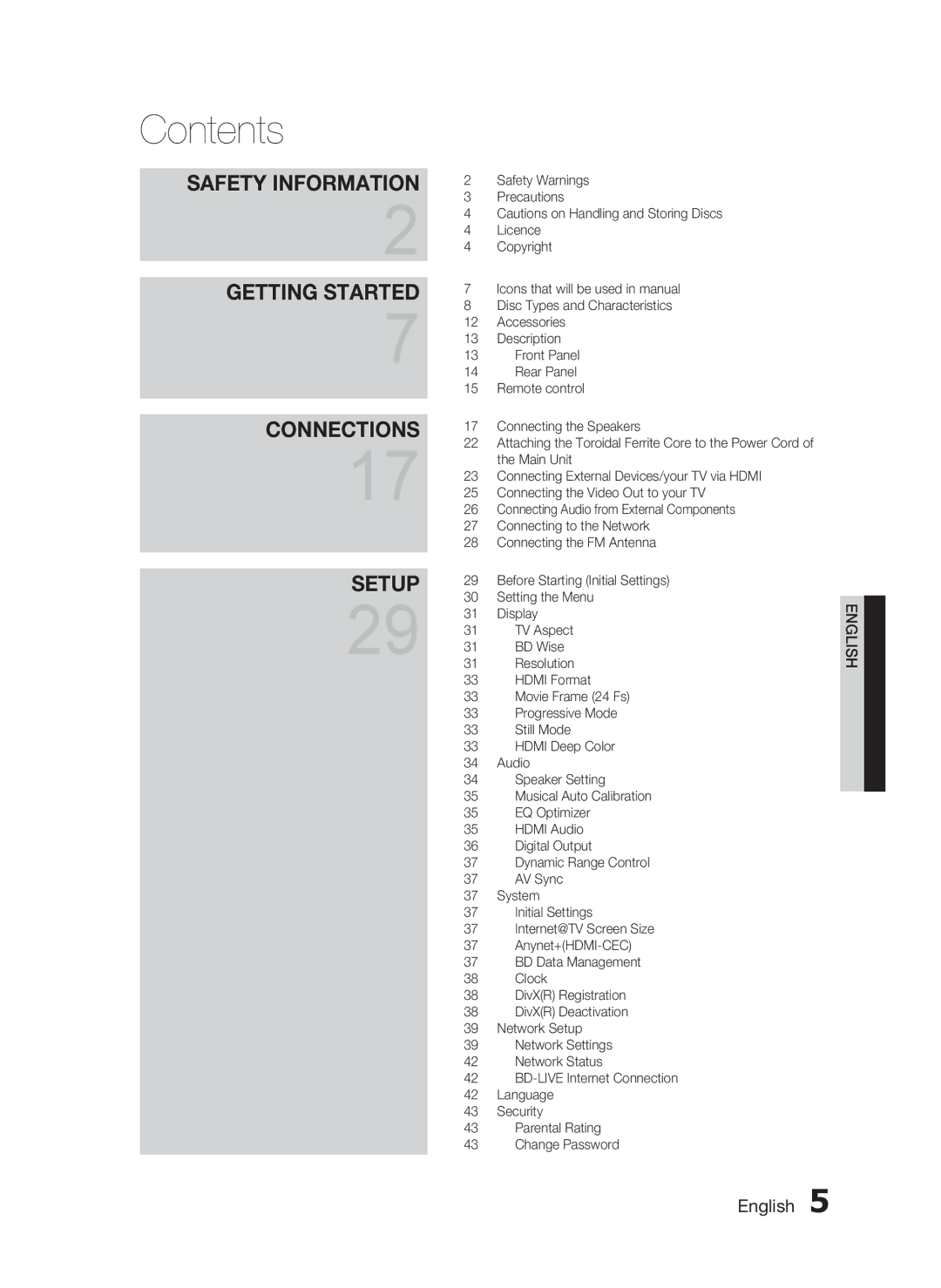 Samsung HT-C7550W/XEE, HT-C7559W/XEG, HT-C7550W/EDC, HT-C7550W/XEN, HT-C7550W/XEF manual Contents 