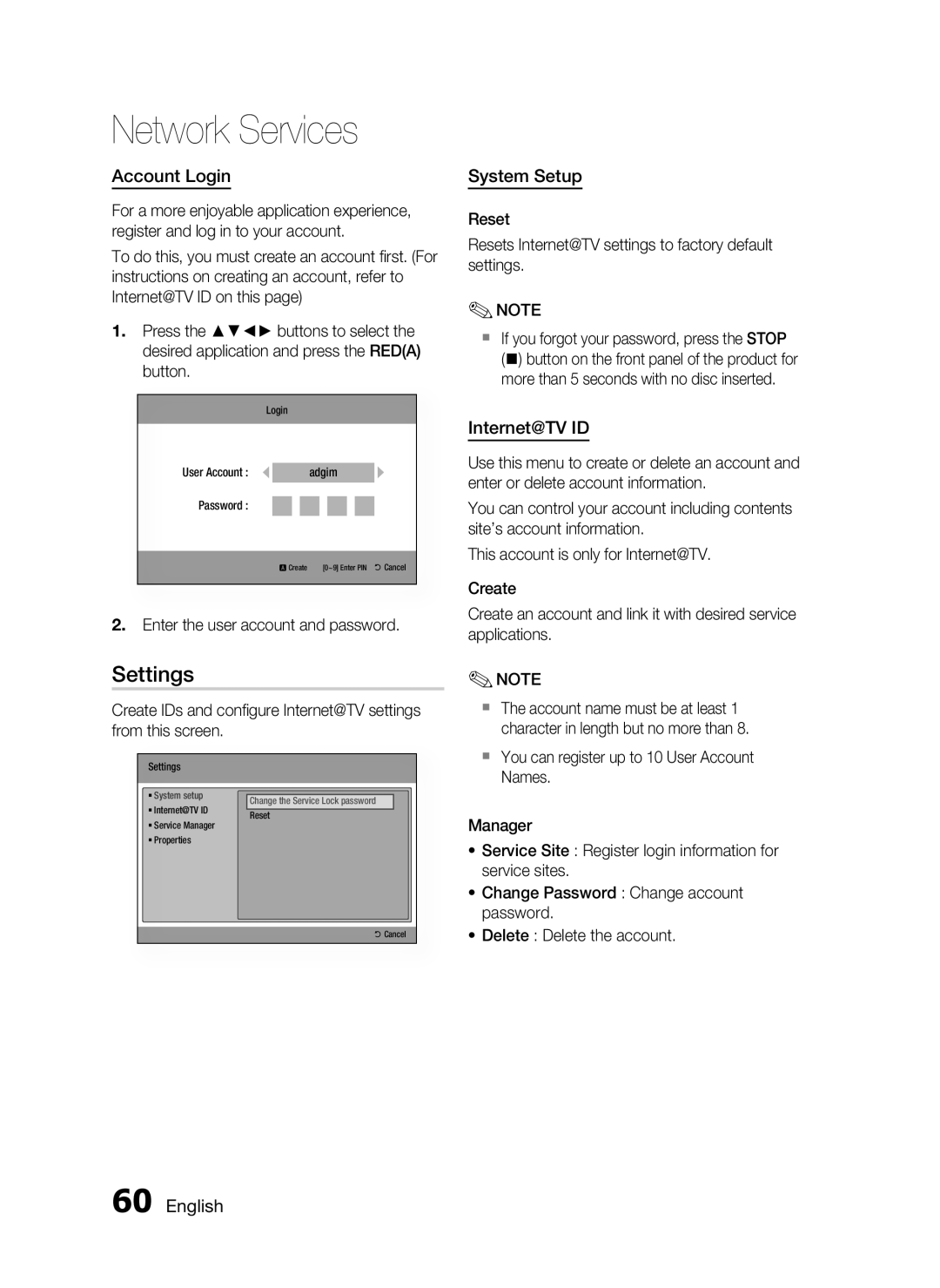 Samsung HT-C7559W/XEG manual Settings, Account Login, System Setup, Internet@TV ID, Enter the user account and password 