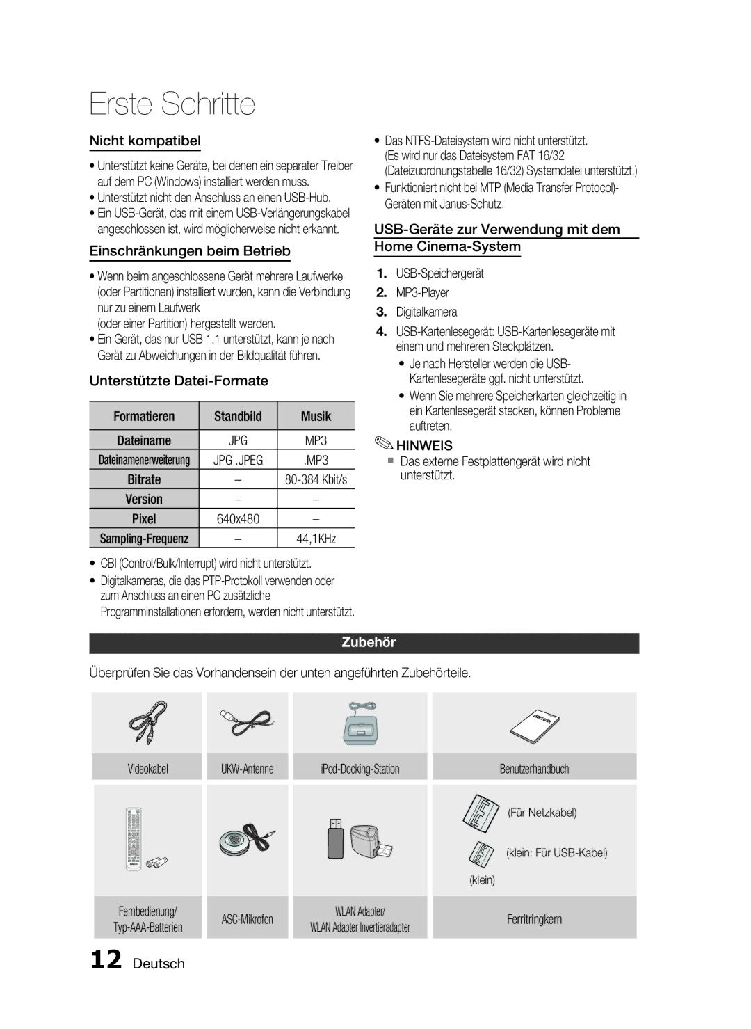 Samsung HT-C7559W/XEG, HT-C7550W/EDC Nicht kompatibel, Einschränkungen beim Betrieb, Unterstützte Datei-Formate, Zubehör 