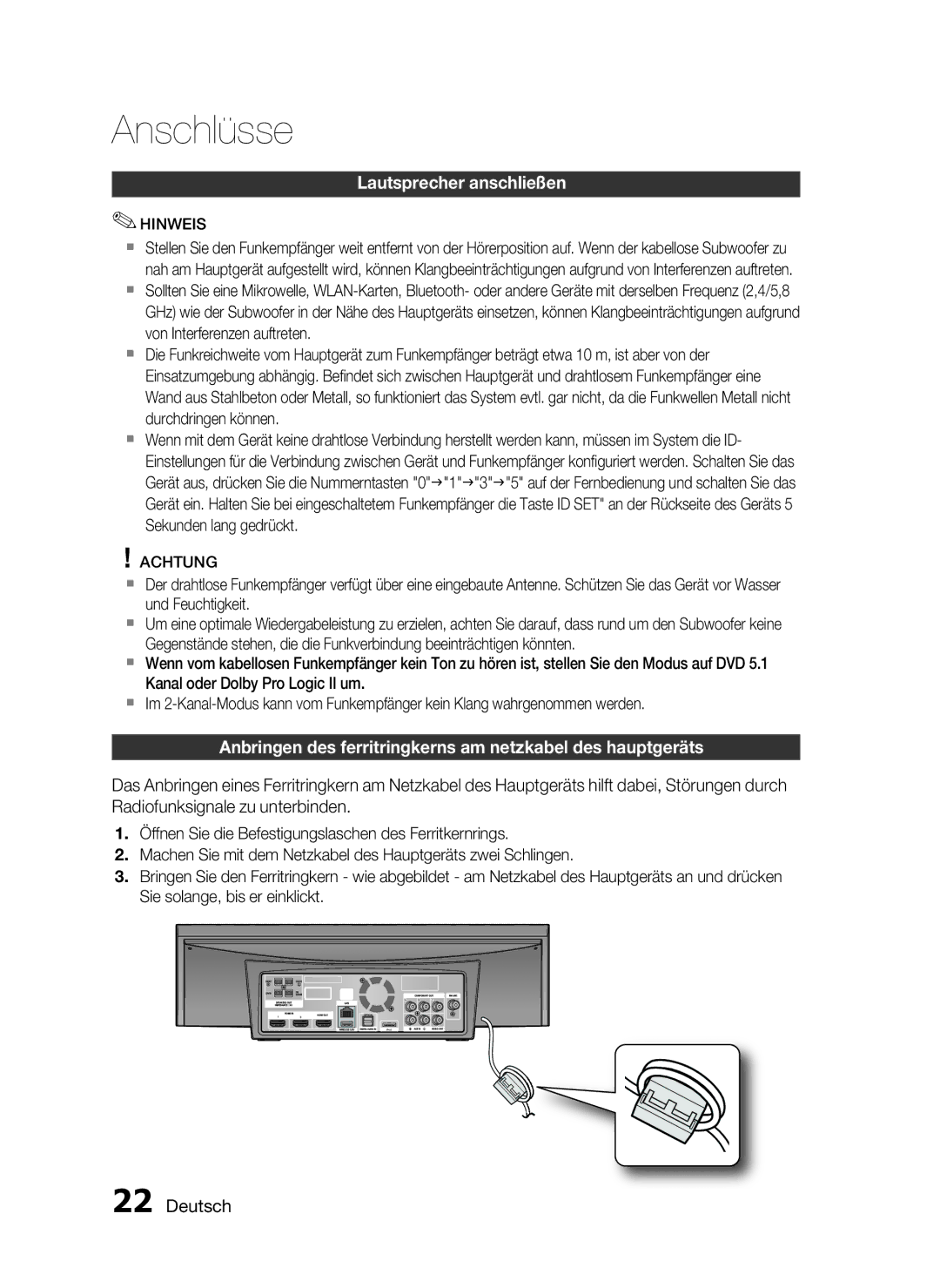 Samsung HT-C7550W/EDC, HT-C7559W/XEG, HT-C7550W/XEN manual Anbringen des ferritringkerns am netzkabel des hauptgeräts 