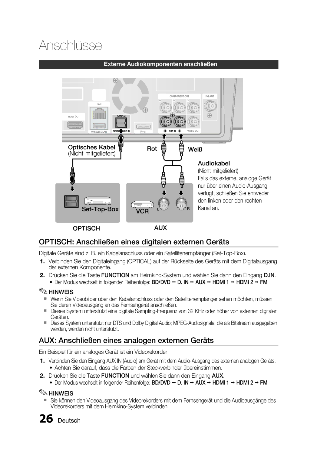 Samsung HT-C7550W/XEN Optisch Anschließen eines digitalen externen Geräts, AUX Anschließen eines analogen externen Geräts 