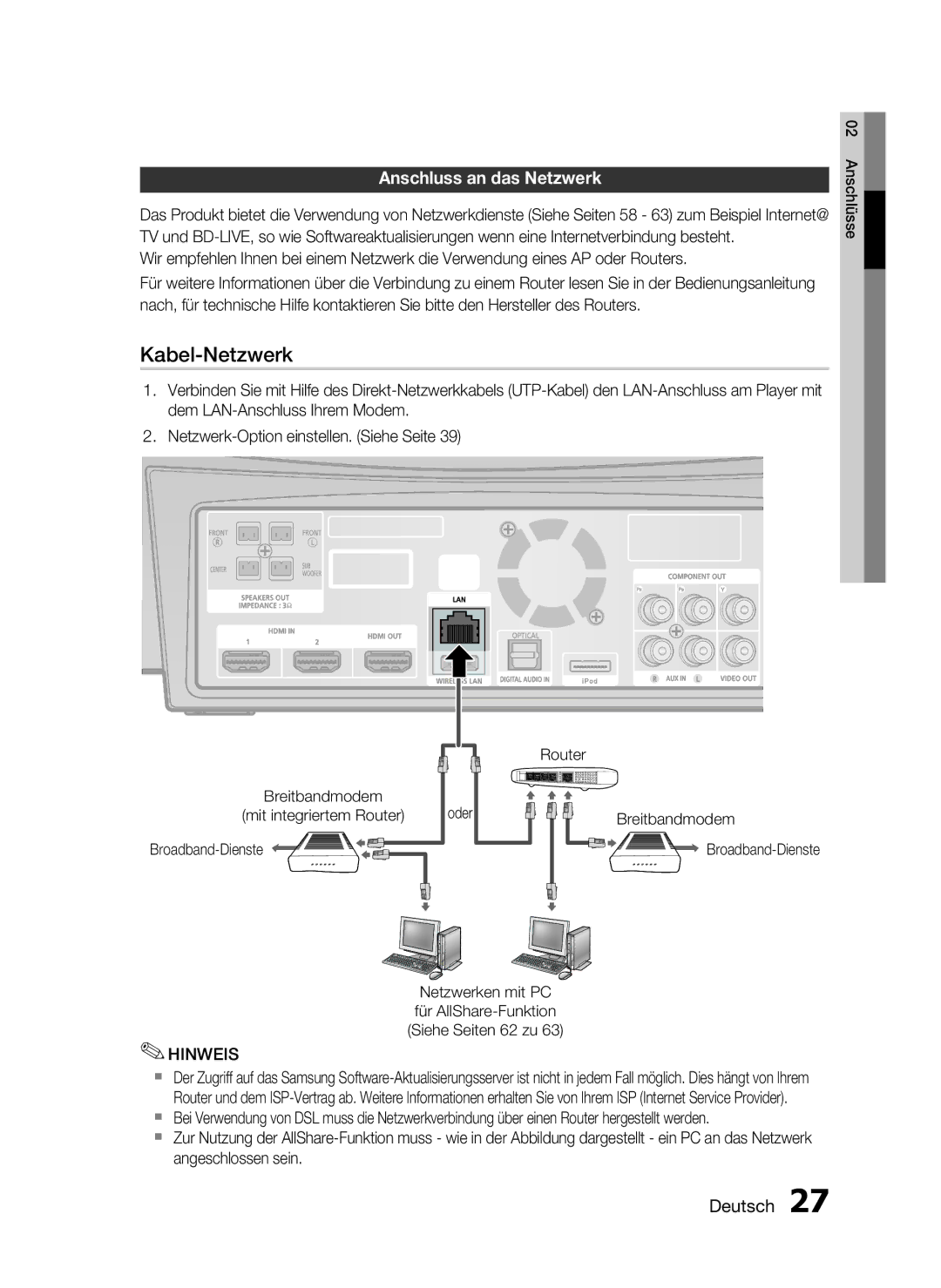 Samsung HT-C7559W/XEG, HT-C7550W/EDC manual Anschluss an das Netzwerk, Oder, Router Breitbandmodem Broadband-Dienste 