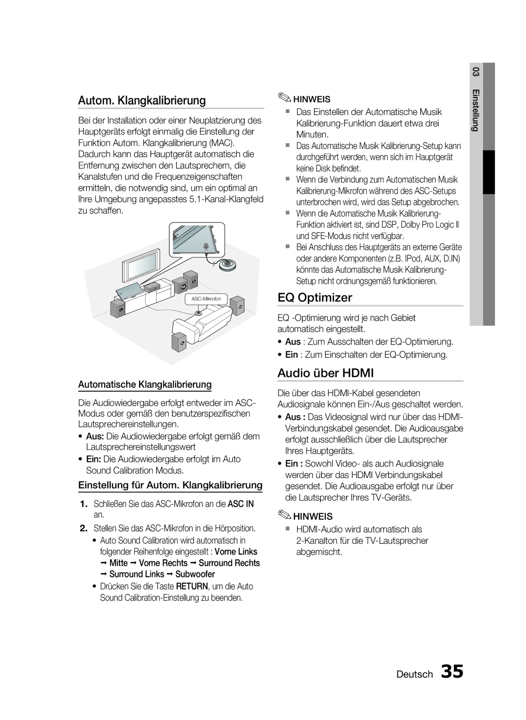 Samsung HT-C7550W/XEN manual Autom. Klangkalibrierung, EQ Optimizer, Audio über Hdmi, Automatische Klangkalibrierung 