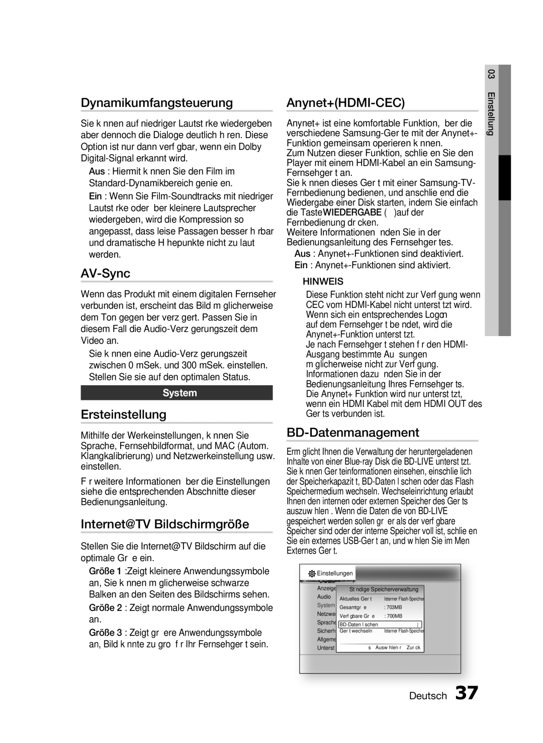 Samsung HT-C7550W/EDC manual Dynamikumfangsteuerung, AV-Sync, Ersteinstellung, Internet@TV Bildschirmgröße, Anynet+HDMI-CEC 