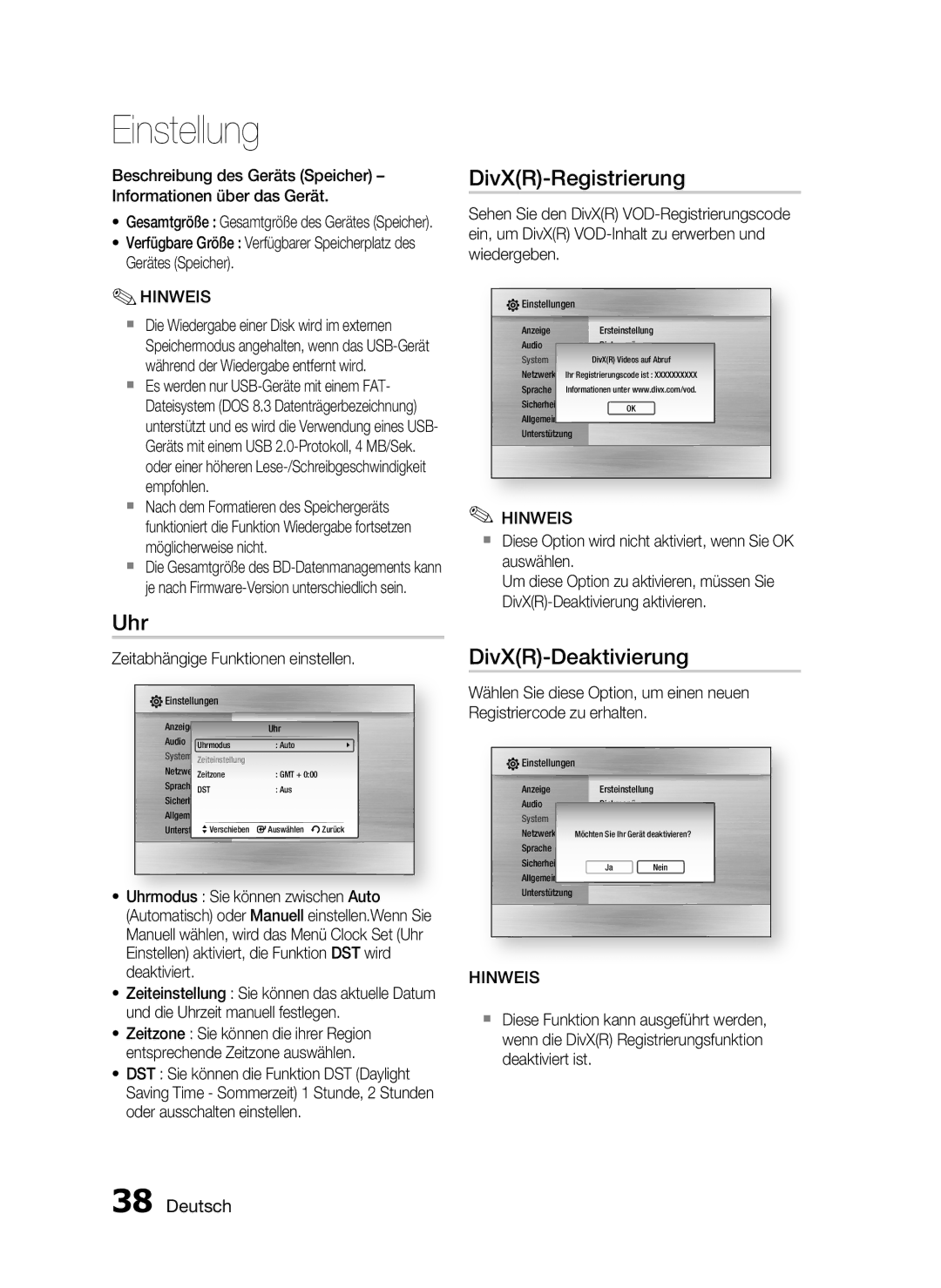 Samsung HT-C7550W/XEN, HT-C7559W/XEG Uhr, DivXR-Registrierung, DivXR-Deaktivierung, Zeitabhängige Funktionen einstellen 